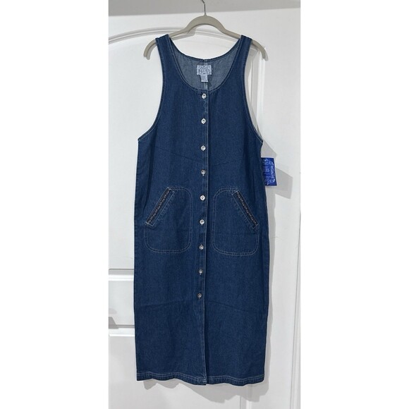 Vintage Denim Dress Medium Button Front Maxi Y2K 90s Jumper Pockets NEW - Picture 2 of 12